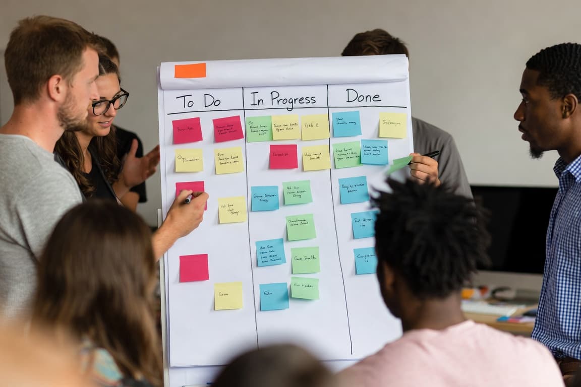 Team planning delivery on a kanban board