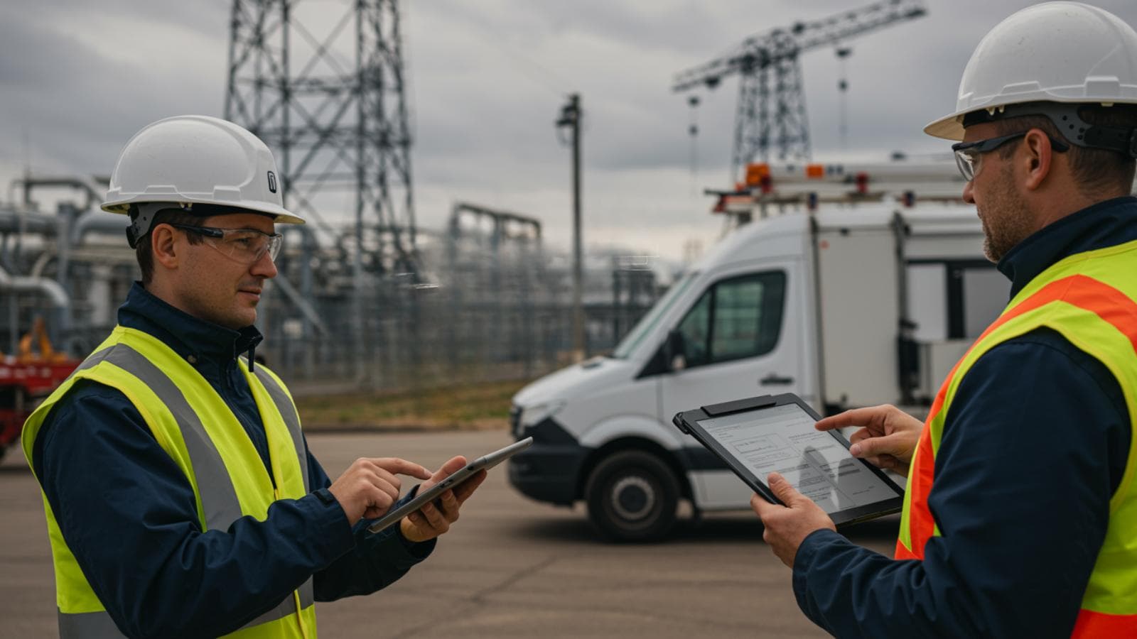 Two field engineers in high-visibility jackets checking work on tablets at a substation, a service van behind them.