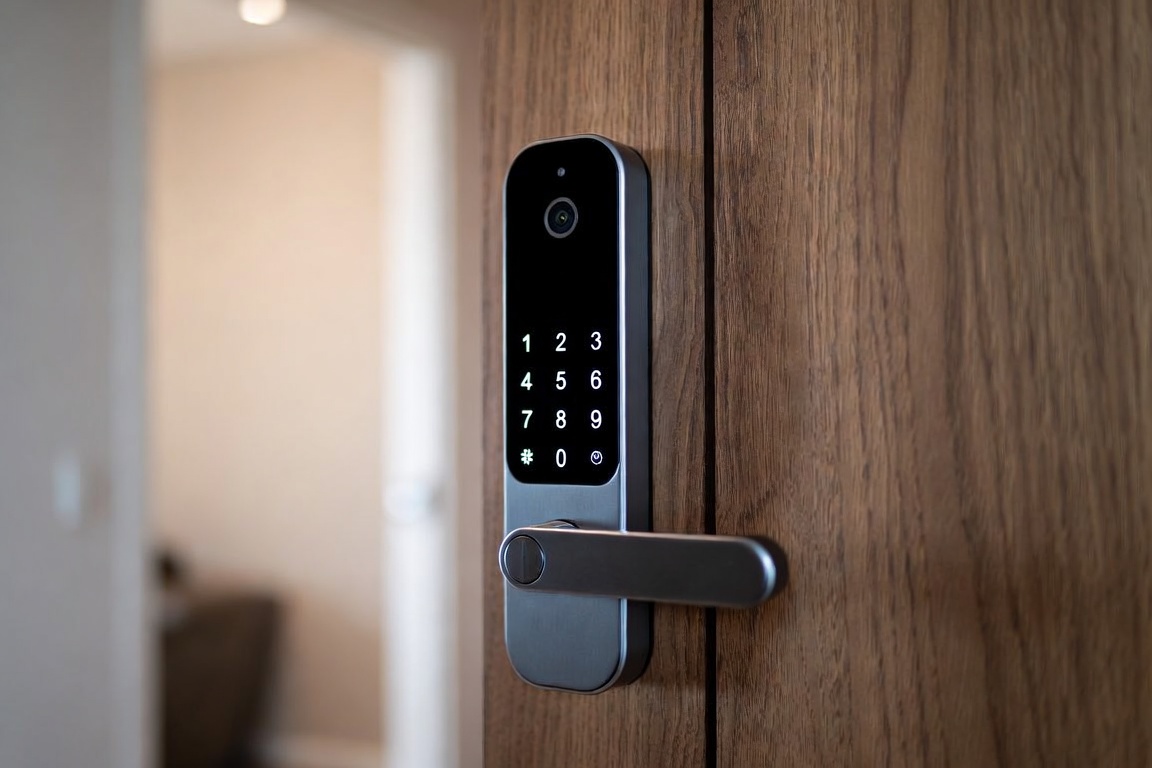 Une serrure connectée intelligente avec clavier sur une porte